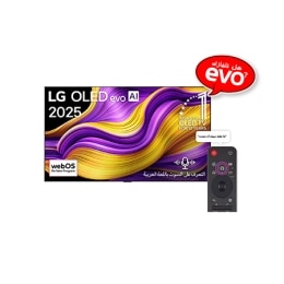 صورة أمامية لتلفزيون LG OLED evo AI G5 4K Smart TV. يظهر شعار OLED رقم 1 على مستوى العالم لمدة 12 عامًا وشعار LG OLED evo AI 2025 على الشاشة.2