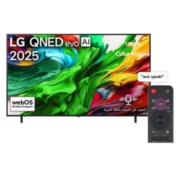 صورة أمامية لتلفزيون LG QNED evo QNED92 TV، وشعار LG QNED evo Al في الزاوية العلوية. يصور تلفزيون LG QNED evo QNED92 TV أنسجة الطلاء الملونة التي تجتمع معًا.2