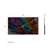 LG تلفزيون LG QNED evo AI QNED9M الذكي مقاس 86 بوصة بدقة 4K 144Hz ومدعوم بجهاز التحكم AI Magic remote وواجهة webOS25 طراز عام 2025 , صورة أمامية وجانبية لتلفزيون LG QNED evo AI QNED9M 4K Smart TV تعرض أبعاد الطول والعرض والارتفاع والعمق., 86QNED9MA6A, thumbnail 3