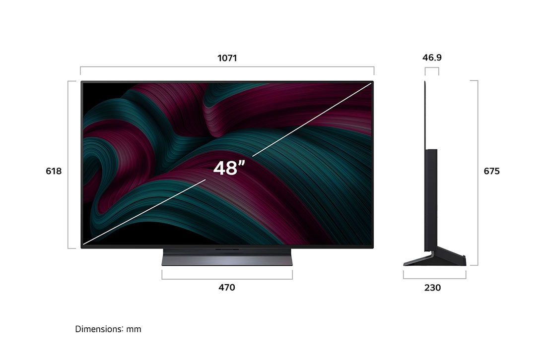 LG تلفزيون LG OLED evo AI C5 مقاس 48 بوصة بدقة 4K 144Hz ومدعوم بجهاز التحكم AI Magic remote وواجهة webOS25 طراز عام 2025 , صورة أمامية وجانبية لتلفزيون LG OLED evo AI C5 4K Smart TV يوضح أبعاد الطول والعرض والارتفاع والعمق., OLED48C56LA, thumbnail 4