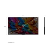 LG تلفزيون LG QNED evo AI QNED9M الذكي مقاس 75 بوصة بدقة 4K 144Hz ومدعوم بجهاز التحكم AI Magic remote وواجهة webOS25 طراز عام 2025 , صورة أمامية وجانبية لتلفزيون LG QNED evo AI QNED9M 4K Smart TV تعرض أبعاد الطول والعرض والارتفاع والعمق., 75QNED9MA6A, thumbnail 3