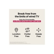 LG تلفزيون LG QNED evo AI QNED9M الذكي مقاس 75 بوصة بدقة 4K 144Hz ومدعوم بجهاز التحكم AI Magic remote وواجهة webOS25 طراز عام 2025 , ثلاثة رموز تمثل المزايا المجانية الثلاثة من تلفزيون LG True Wireless TV. تلفزيون لا يشغل مساحة، ويخلصك من فوضى الأسلاك، وسهل التعامل والتركيب. يشير النص إلى التحرر من حدود التلفزيون السلكي والاستمتاع , 75QNED9MA6A, thumbnail 6