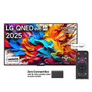 LG تلفزيون LG QNED evo AI QNED9M الذكي مقاس 65 بوصة بدقة 4K 144Hz ومدعوم بجهاز التحكم AI Magic remote وواجهة webOS25 طراز عام 2025 , صورة أمامية لتلفزيون LG QNED evo AI QNED9M TV. شعار LG QNED evo AI على زاوية التشغيل. يصور تلفزيون LG QNED evo TV أنسجة الطلاء الملونة التي تجتمع معًا. صندوق Zero Connect Box في الزاوية مع العنوان: صن, 65QNED9MA6A, thumbnail 1