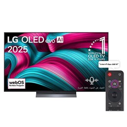 صورة أمامية لتلفزيون LG OLED evo AI C5 4K Smart TV. يظهر شعار OLED رقم 1 على مستوى العالم لمدة 12 عامًا وشعار LG OLED evo AI 2025 على الشاشة.2