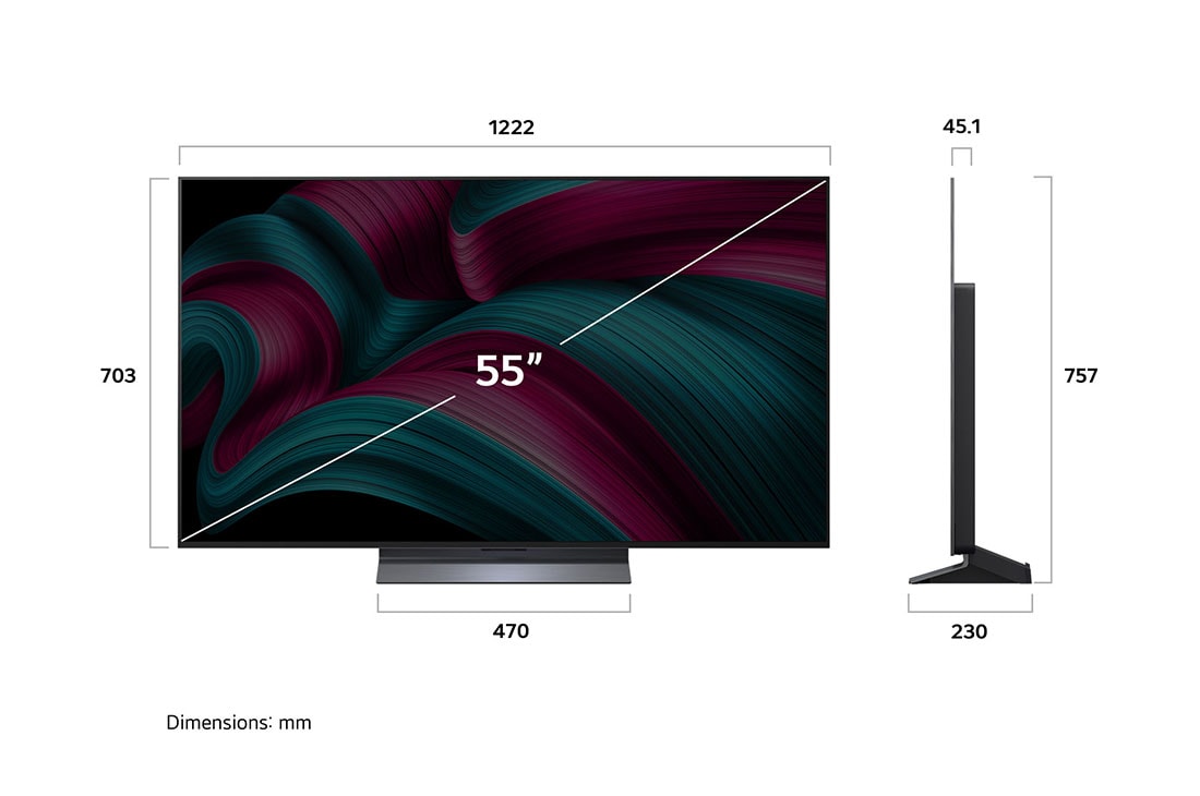 LG تلفزيون LG OLED evo AI C5 مقاس 55 بوصة بدقة 4K 144Hz ومدعوم بجهاز التحكم AI Magic remote وواجهة webOS25 طراز عام 2025 , صورة أمامية وجانبية لتلفزيون LG OLED evo AI C5 4K Smart TV يوضح أبعاد الطول والعرض والارتفاع والعمق., OLED55C56LA, thumbnail 4