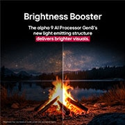 LG تلفزيون LG OLED evo AI C5 مقاس 55 بوصة بدقة 4K 144Hz ومدعوم بجهاز التحكم AI Magic remote وواجهة webOS25 طراز عام 2025 , نار المخيم ليلاً في وسط الطبيعة. على مسافة تظهر غابة وبحيرة. سماء المساء مليئة بالنجوم. المشهد بأكمله منقسم إلى نصفين. أحد الجوانب أغمق ومظلم. النصف الآخر أكثر سطوعًا بشكل ملحوظ، مما يعرض التألق المذه, OLED55C56LA, thumbnail 6