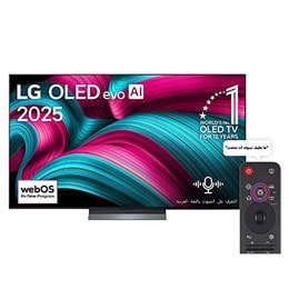 صورة أمامية لتلفزيون LG OLED evo AI C5 4K Smart TV. يظهر شعار OLED رقم 1 على مستوى العالم لمدة 12 عامًا وشعار LG OLED evo AI 2025 على الشاشة.2