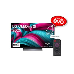 صورة أمامية لتلفزيون LG OLED evo AI C5 4K Smart TV. يظهر شعار OLED رقم 1 على مستوى العالم لمدة 12 عامًا وشعار LG OLED evo AI 2025 على الشاشة.2