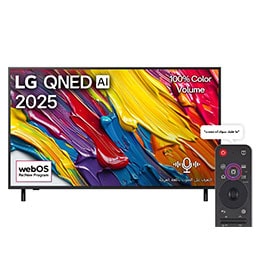 صورة أمامية لتلفزيون LG QNED82 TV وشعار LG QNED Al في الزاوية العلوية. يصور تلفزيون LG QNED TV أنسجة الطلاء الملونة التي تجتمع معًا.2