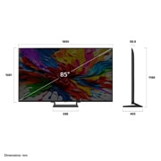 LG  تلویزیون هوشمند 85 اینچ webOS25 2025 مدل LG QNED evo AI QNED93 4K 144Hz با AI Magic remote , صورة أمامية وجانبية لتلفزيون LG QNED evo QNED93 TV يعرض أبعاد الطول والعرض والارتفاع والعمق., 85QNED93A6A, thumbnail 5