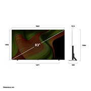 LG تلفزيون LG OLED AI B5 الذكي مقاس 83 بوصة بدقة 4K 120Hz ومدعوم بجهاز التحكم AI Magic remote وواجهة webOS25 طراز عام 2025 , صورة أمامية وجانبية لتلفزيون LG OLED AI B5 4K Smart TV يوضح أبعاد الطول والعرض والارتفاع والعمق., OLED83B56LA, thumbnail 4