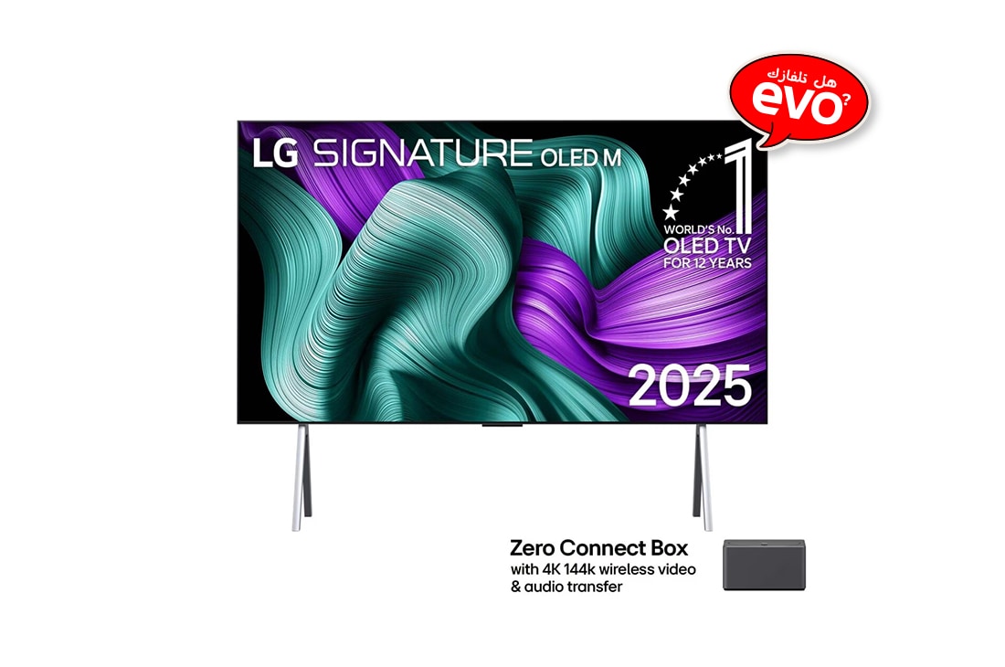 LG شاشة LG SIGNATURE OLED M5 4K Smart TV 2025 مقاس 97 بوصة, صورة أمامية لتلفزيون LG OLED M5 Signature TV. يظهر شعار OLED رقم 1 على مستوى العالم لمدة 12 عامًا وشعار LG Signature OLED M على الشاشة. صندوق Zero Connect Box في الزاوية مع العنوان: صندوق Zero Connect, OLED97M56LA