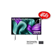 LG شاشة LG SIGNATURE OLED M5 4K Smart TV 2025 مقاس 97 بوصة, صورة أمامية لتلفزيون LG OLED M5 Signature TV. يظهر شعار OLED رقم 1 على مستوى العالم لمدة 12 عامًا وشعار LG Signature OLED M على الشاشة. صندوق Zero Connect Box في الزاوية مع العنوان: صندوق Zero Connect, OLED97M56LA, thumbnail 1