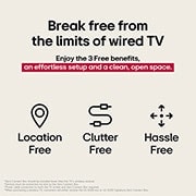 LG شاشة LG SIGNATURE OLED M5 4K Smart TV 2025 مقاس 97 بوصة, ثلاثة رموز تمثل المزايا المجانية الثلاثة من تلفزيون LG True Wireless TV. تلفزيون لا يشغل مساحة، ويخلصك من فوضى الأسلاك، وسهل التعامل والتركيب. يشير النص إلى التحرر من حدود التلفزيون السلكي والاستمتاع , OLED97M56LA, thumbnail 6