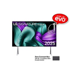 صورة أمامية لتلفزيون LG OLED M5 Signature TV. يظهر شعار OLED رقم 1 على مستوى العالم لمدة 12 عامًا وشعار LG Signature OLED M على الشاشة. صندوق Zero Connect Box في الزاوية مع العنوان: صندوق Zero Connect2