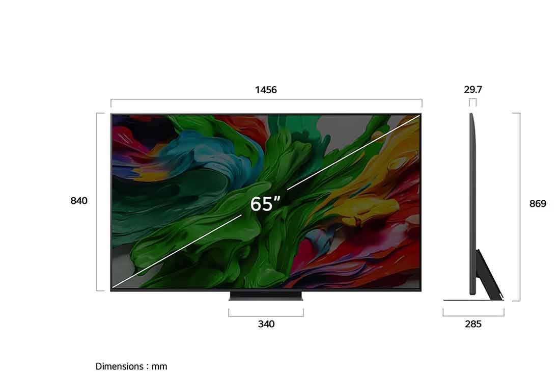 LG تلفزيون LG QNED evo AI QNED86 الذكي مقاس 65 بوصة بدقة 4K 120Hz ومدعوم بجهاز التحكم AI Magic remote وواجهة webOS25 طراز عام 2025 , صورة أمامية وجانبية لتلفزيون LG QNED evo AI QNED85 4K Smart TV تعرض أبعاد الطول والعرض والارتفاع والعمق., 65QNED86A6A, thumbnail 4