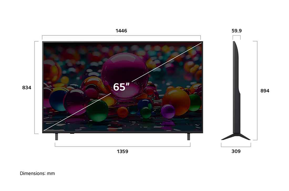 LG تلفزيون LG UHD AI UA85 4K Smart TV مقاس 65 بوصة المدعوم بجهاز التحكم AI Magic Remote وميزة HDR10 وواجهة webOS25 طراز عام 2025 , صورة أمامية وجانبية لتلفزيون LG UHD AI UA75 TV الذكي بدقة 4K يعرض أبعاد الطول والعرض والارتفاع والعمق., 65UA85006LA, thumbnail 4