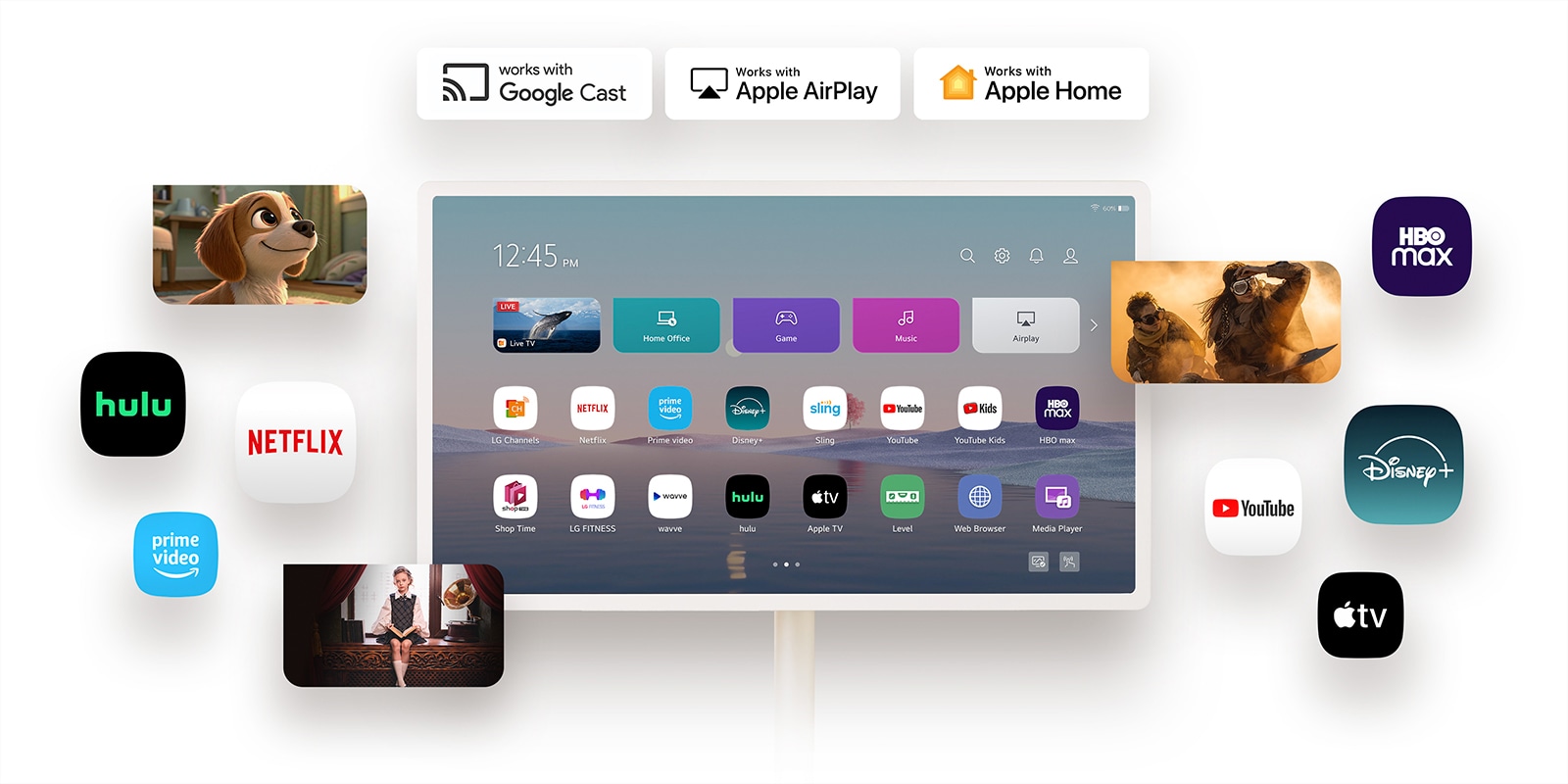 شاشة StanbyME 2 في المنتصف مع برامج OTT متعددة مرتبة في تكوين شبكي حولها.