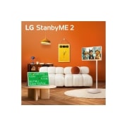 LG شاشة LG StanbyME 2 Super Portable المحمولة التي تعمل باللمس مقاس 27 بوصة, شاشات LG StanbyME 2 معروضة في غرفة معيشة عصرية. توجد شاشة StanbyME 2 على حامل، وأخرى معلقة على الحائط، وأخرى مُثبَّتة على طاولة باستخدام غطاء وقائي., 27LX6TDGA, thumbnail 1