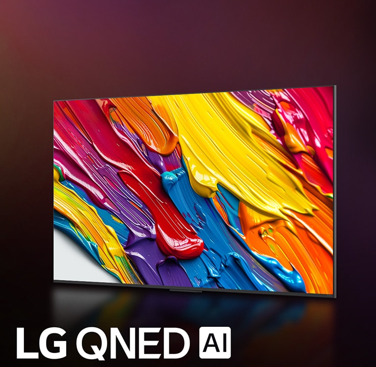 تلفزيون LG QNED TV على خلفية داكنة ملونة. يوجد على الشاشة عمل فني ساطع وملون يعرض تقنية ألوان QNED والقدرة على عرض مجموعة واسعة من درجات الألوان بتباين رائع. شعار LG QNED AI مرئي. العنوان: إعادة تعريف كل لون مع Dynamic QNED Color.