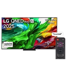 صورة أمامية لتلفزيون LG QNED evo QNED92 TV، وشعار LG QNED evo Al في الزاوية العلوية. يصور تلفزيون LG QNED evo QNED92 TV أنسجة الطلاء الملونة التي تجتمع معًا.2