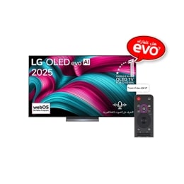 صورة أمامية لتلفزيون LG OLED evo AI C5 4K Smart TV. يظهر شعار OLED رقم 1 على مستوى العالم لمدة 12 عامًا وشعار LG OLED evo AI 2025 على الشاشة.2