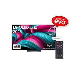 صورة أمامية لتلفزيون LG OLED evo AI C5 4K Smart TV. يظهر شعار OLED رقم 1 على مستوى العالم لمدة 12 عامًا وشعار LG OLED evo AI 2025 على الشاشة.2