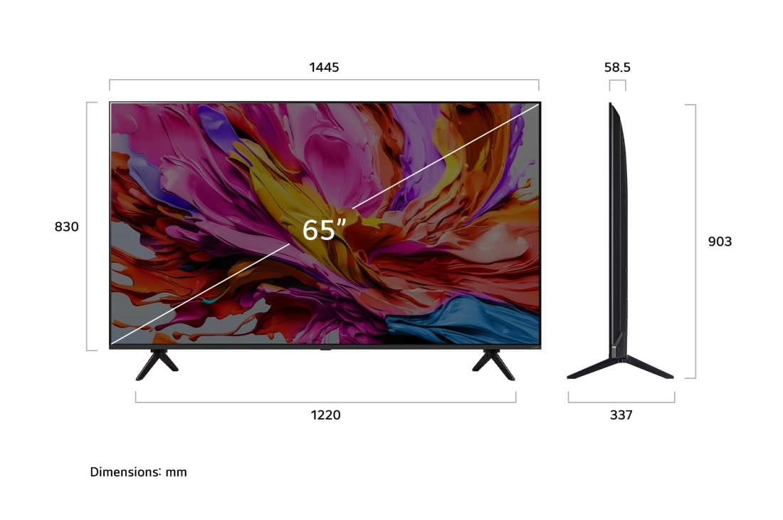 LG تلفزيون LG QNED AI QNED82 4K Smart TV مقاس 65 بوصة المدعوم بجهاز التحكم AI Magic remote وميزة HDR10 وواجهة webOS25 طراز عام 2025 , صورة أمامية وجانبية لتلفزيون LG QNED evo qned91 TV يعرض أبعاد الطول والعرض والارتفاع والعمق., 65QNED91A6A, thumbnail 4