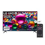 LG تلفزيون LG UHD AI UA84 4K Smart TV مقاس 86 بوصة المدعوم بجهاز التحكم AI Magic Remote Ready وميزة HDR10 وواجهة webOS25 طراز عام 2025 , صورة أمامية لتلفزيون UHD UA84TV، وشعار LG UHD Al في الزاوية العلوية. يصور تلفزيون LG UHD TV أنسجة الطلاء الملونة التي تجتمع معًا., 86UA8450PSA, thumbnail 1
