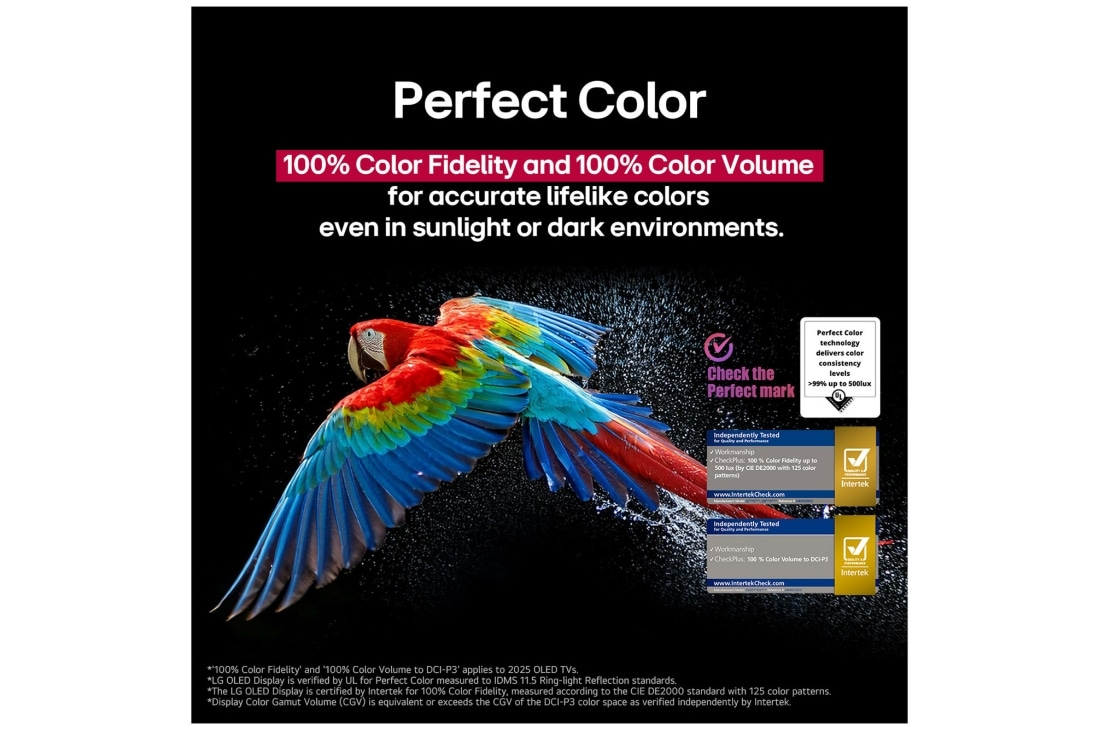 LG تلفزيون LG OLED evo AI CS5 مقاس 65 بوصة بدقة 4K 120Hz بجهاز تحكم AI Magic remote و AI Picture Pro, ببغاء ملون بدقة عالية للغاية على خلفية سوداء. تتعلق قطرات الماء في الهواء المحيط بها. تعرض الصورة ميزة Perfect Color حيث أن كل درجة لون مختلفة على جسم الببغاء نابضة بالحياة. تظهر شهادات شعار مختلفة من, OLED55CS5VA, thumbnail 7