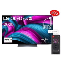 صورة أمامية لتلفزيون LG OLED evo AI CS5 4K Smart TV الذكي. يظهر شعار OLED رقم 1 على مستوى العالم لمدة 12 عامًا وشعار LG OLED evo AI 2025 على الشاشة.2