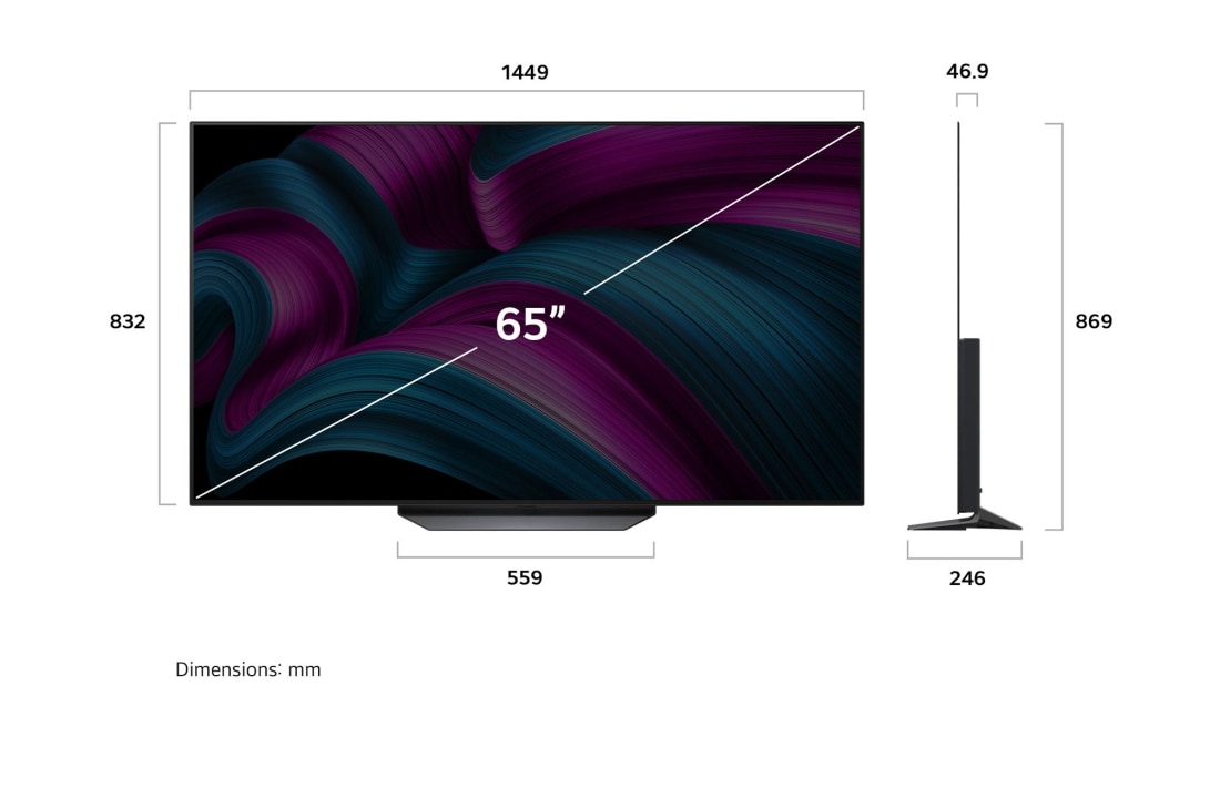 LG تلفزيون LG OLED evo AI CS5 4K Smart TV 2025 مقاس 65 بوصة, صورة أمامية وجانبية لتلفزيون LG OLED evo AI  CS5 4K Smart TV يوضح أبعاد الطول والعرض والارتفاع والعمق., OLED65CS5VA, thumbnail 4