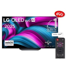 صورة أمامية لتلفزيون LG OLED evo AI C5 4K Smart TV. يظهر شعار OLED رقم 1 على مستوى العالم لمدة 12 عامًا وشعار LG OLED evo AI 2025 على الشاشة.