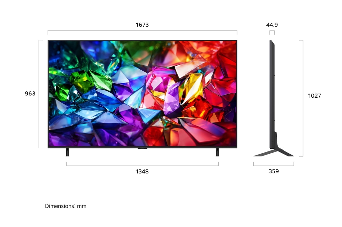 LG تلفزيون LG Micro RGB evo AI MRGB95 الذكي 4K مقاس 75 بوصة، تغطية ألوان 100% ومعدل تحديث 330Hz, يُظهر جهاز LG Micro RGB evo AI MRGB95 في الصور الأمامية والجانبية شاشة مقاس 100 بوصة بعرض 2230 ملم وارتفاع 1277 ملم وارتفاع 1374 ملم مع الحامل وعمق 49.9 ملم ومساحة الحامل 1725 × 415 ملم., 75MRGB95B6A, thumbnail 2