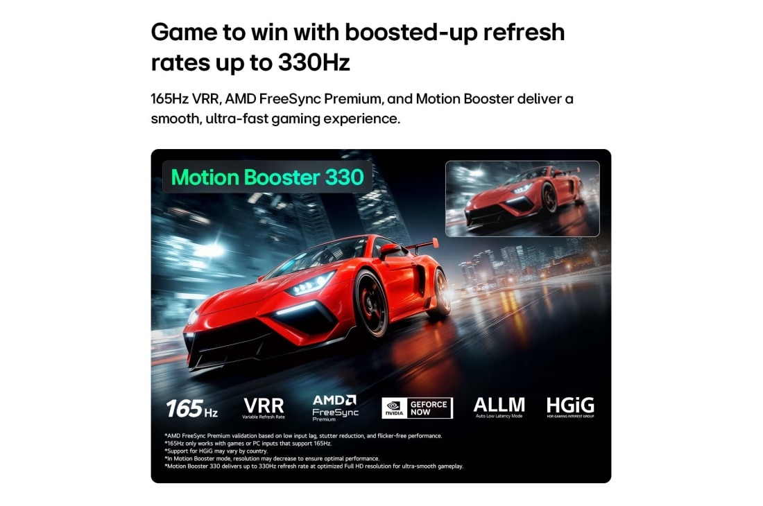LG تلفزيون LG Micro RGB evo AI MRGB95 الذكي 4K مقاس 75 بوصة، تغطية ألوان 100% ومعدل تحديث 330Hz, يُظهر LG Micro RGB evo AI MRGB95 مع Ultimate Gameplay مشهد سباق نابض بالحياة وعالي السرعة مع إدراج مقارنة ضبابية تسلط الضوء على Motion Booster 330، مع دعم 165 هرتز وVRR وAMD FreeSync وALLM وHGiG وGeFo, 75MRGB95B6A, thumbnail 9