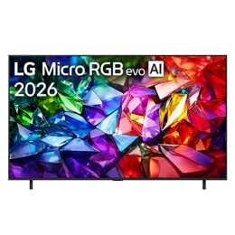 يتميز المظهر الأمامي لجهاز LG Micro RGB evo AI MRGB95، الذي تم طرحه في عام 2026، بإطار أسود رفيع على قاعدة منخفضة، مع صورة حية وواضحة للغاية بألوان حمراء وخضراء وزرقاء حادة تملأ الشاشة. 