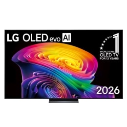 تتميز الواجهة الأمامية لتلفزيون LG OLED evo AI C6 الصادر عام 2026، بإطار أسود رفيع، وتصميم مذهل ينبض بالحياة عبر دوّامة فنية مبهرة من طبقات ألوان قوس قزح المتداخلة.2