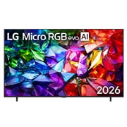 LG تلفزيون LG Micro RGB evo AI MRGB95 4K Smart TV 2026 مقاس86 بوصة, تُظهر الواجهة الأمامية لجهاز LG Micro RGB evo AI MRGB95، الذي تم طرحه في عام 2026، صورة حية وواضحة للغاية بألوان حمراء وخضراء وزرقاء حادة، ويتميز بشاشة مقاس 100 بوصة ونظام webOS و RGB Primary Color Ul, 86MRGB95B6A, thumbnail 1