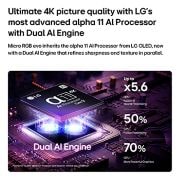 LG تلفزيون LG Micro RGB evo AI MRGB95 الذكي 4K مقاس 100 بوصة، ألوان دقيقة وتحديث 330Hz سلس, يضيء معالج alpha 11 AI Processor 4K Gen3 في تلفزيون LG Micro RGB evo AI MRGB95 بألوان بنفسجية على لوحة دوائر إلكترونية، مبرزًا محرك الذكاء الاصطناعي المزدوج، ويقدّم أداءً أسرع يصل إلى ‎5.6 ضعف في وحدة, 100MRGB95B6, thumbnail 6