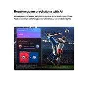 LG تلفزيون LG QNED evo AI QNED84 Mini LED 4K الذكي مقاس 75 بوصة، إصدار 2026  , يعرض تلفزيون LG QNED evo AI Mini LED QNED84 ميزة Sports Forecast عبر AI Concierge أثناء بث مباشر لمباراة كرة قدم، مع لوحة ذكية على الشاشة تقدم تنبؤات وتحليلات للمباراة وبيانات الدوري، مما يُظهر كيفية , 75QNED84B6T, thumbnail 11
