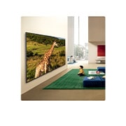 LG تلفزيون LG QNED evo AI QNED84 Mini LED 4K الذكي مقاس 75 بوصة، إصدار 2026  , يُثبَّت تصميم LG QNED evo AI Mini LED QNED84 Ultra Big TV على الحائط في مساحة معيشة مشرقة، حيث يعرض زرافة في مشهد طبيعي بتفاصيل نابضة ودقة لافتة، ليعزز الإحساس بالحجم الغامر والحضور الواقعي لطفل يجلس , 75QNED84B6T, thumbnail 14