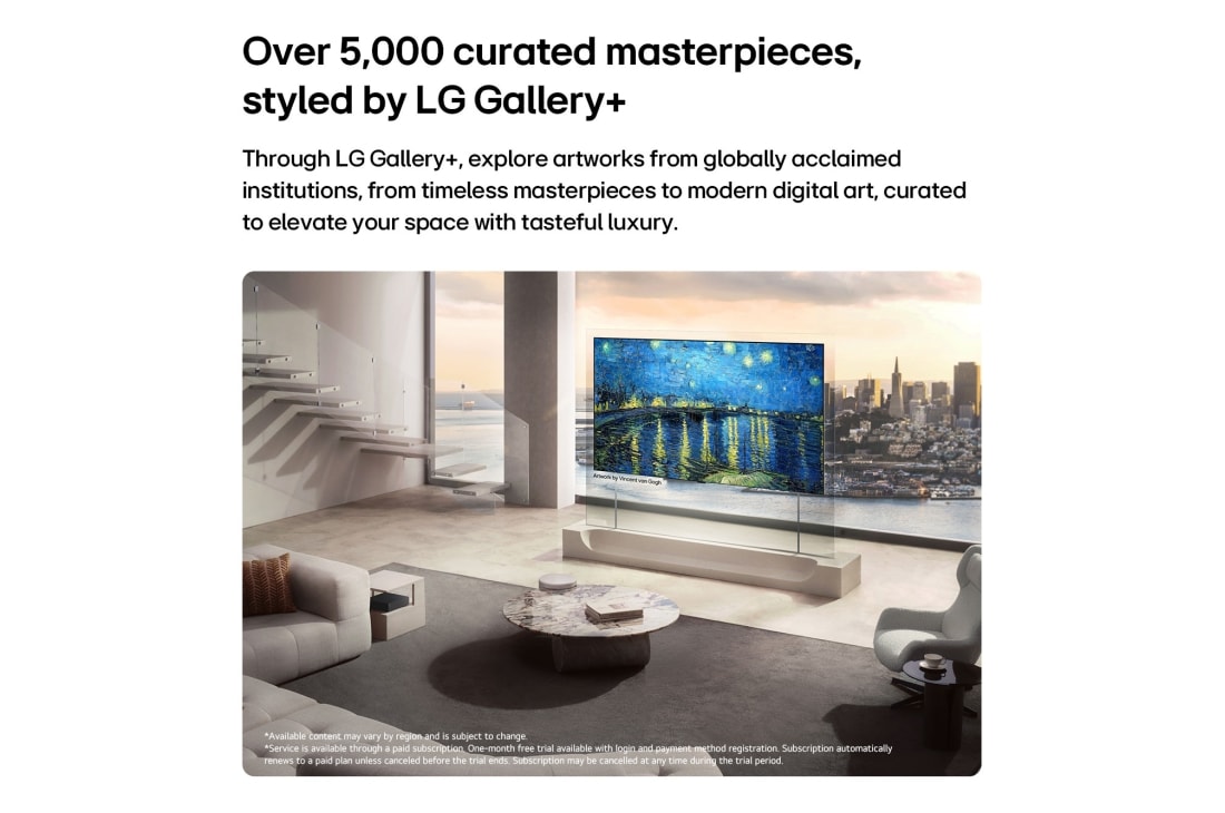 LG تلفزيون Wallpaper TV LG OLED evo AI W6 True Wireless 4K الذكي مقاس 83 بوصة، إصدار 2026, يعرض LG OLED evo AI W6 Wallpaper TV مع محتوى فني متنوع من LG Gallery+ لوحة "The Starry Night" لفنسنت فان غوخ على الشاشة داخل غرفة معيشة بنوافذ ممتدة من الأرض إلى السقف، مما يعزّز التصميم الداخلي بفنون, OLED83W66LA, thumbnail 6