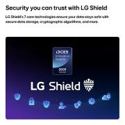 LG تلفزيون LG QNED AI QNED70 Mini LED 4K الذكي مقاس 65 بوصة، إصدار 2026, يظهر LG Shield على شاشة LG QNED AI Mini LED QNED70، مع شعار LG Shield في المنتصف، وأيقونات الأمان أدناه، وشارة 2026 CES Innovation Awards Honoree أعلاه، والتي تمثل حماية البيانات والنظام., 65QNED70B6T, thumbnail 7