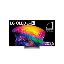 تتميز الواجهة الأمامية لتلفزيون LG OLED evo AI C6 الصادر عام 2026، بإطار أسود رفيع، وتصميم مذهل ينبض بالحياة عبر دوّامة فنية مبهرة من طبقات ألوان قوس قزح المتداخلة، إلى جانب شارة "تلفزيون OLED TV رقم 2