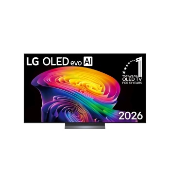 تتميز الواجهة الأمامية لتلفزيون LG OLED evo AI C6 الصادر عام 2026، بإطار أسود رفيع، وتصميم مذهل ينبض بالحياة عبر دوّامة فنية مبهرة من طبقات ألوان قوس قزح المتداخلة، إلى جانب شارة "تلفزيون OLED TV رقم 1