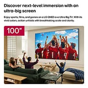 LG تلفزيون LG QNED evo AI QNED85 Mini LED 4K الذكي مقاس 100 بوصة، إصدار 2026, يُثبَّت تلفزيون LG QNED evo AI Mini LED QNED85 الكبير للغاية مقاس 100 بوصة على الحائط في غرفة معيشة، حيث يعرض احتفالًا بفوز رياضي بألوان نابضة وجودة صورة مُحسّنة تمتد عبر الشاشة الواسعة، بينما تتشارك , 100QNED85B8, thumbnail 4