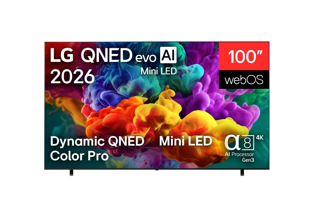 LG تلفزيون LG QNED evo AI QNED85 Mini LED 4K الذكي مقاس 100 بوصة، إصدار 2026, يُظهر المنظر الأمامي لتلفزيون LG QNED evo AI Mini LED QNED85، إصدار 2026، تدفّقات لونية كثيفة ونابضة تنساب بسلاسة على الشاشة، مدعومة بتقنية Dynamic QNED Color Pro وMini LED ومعالج alpha 8 AI Processor, 100QNED85B8, thumbnail 2