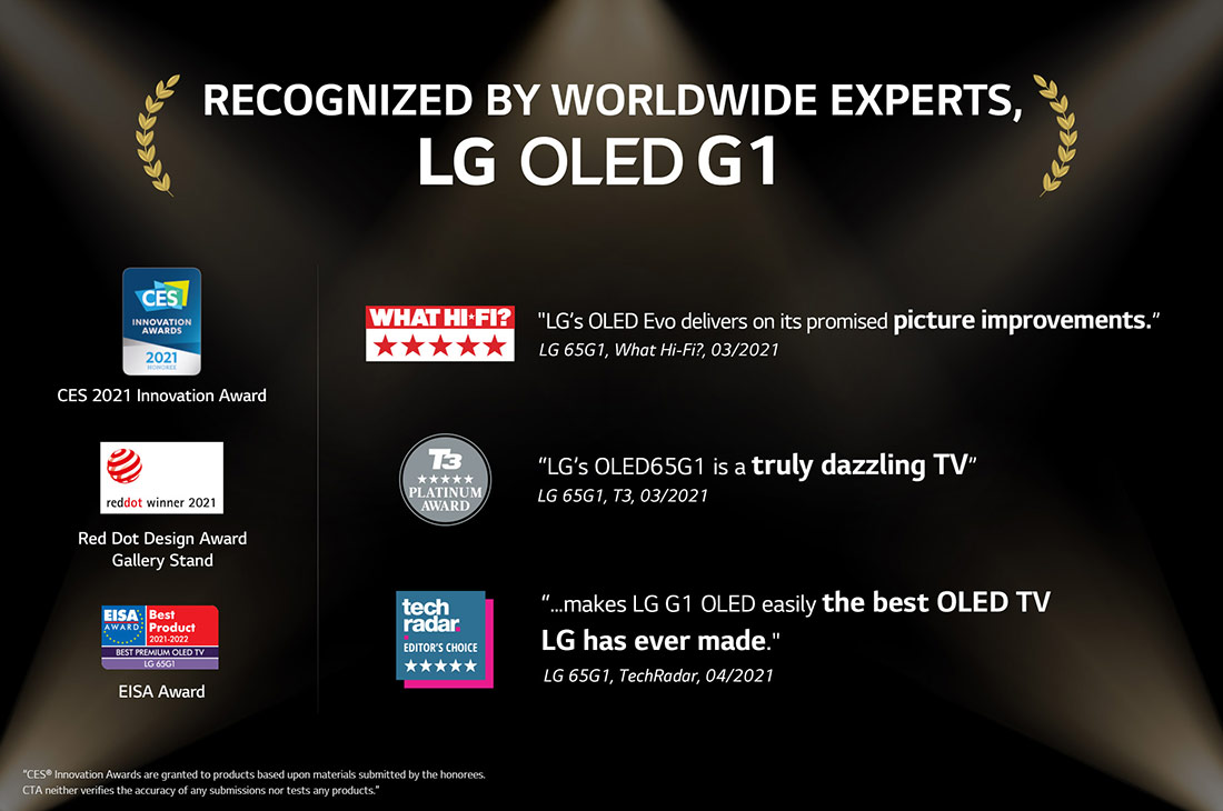 LG تلفزيون OLED مقاس 65 بوصة من مجموعة G1، تصميم المعرض 4K بتقنية HDR السينمائية ومنصة WebOS الذكية وميزة تعتيم البكسل ThinQ AI, Award winning information, OLED65G1PVA, thumbnail 11