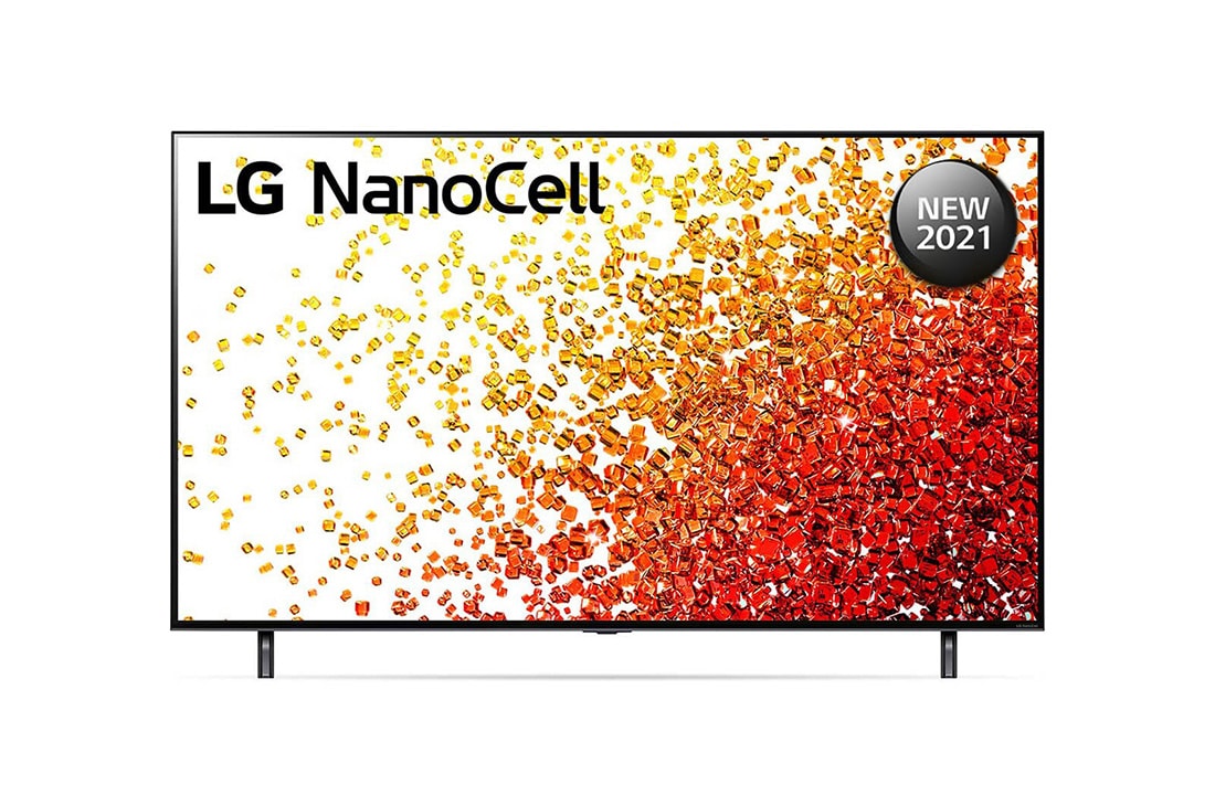 LG تلفزيون NanoCell 55 بوصة من مجموعة NANO90، بتصميم الشاشة السينمائية 4K بتقنية HDR ومنصة WebOS الذكية مع تقنية ThinQ AI, منظر أمامي لتلفزيون NanoCell من إل جي, 55NANO90VPA