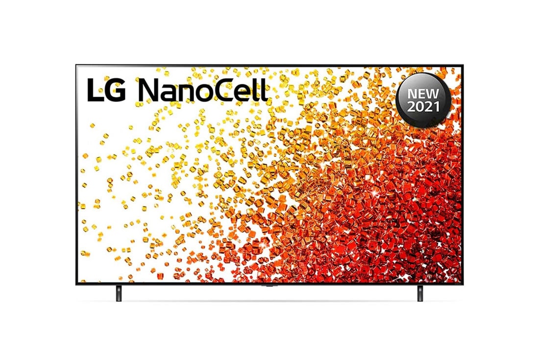 LG تلفزيون NanoCell 65 بوصة من مجموعة NANO90، بتصميم الشاشة السينمائية 4K بتقنية HDR ومنصة WebOS الذكية مع تقنية ThinQ AI, منظر أمامي لتلفزيون NanoCell من إل جي, 65NANO90VPA